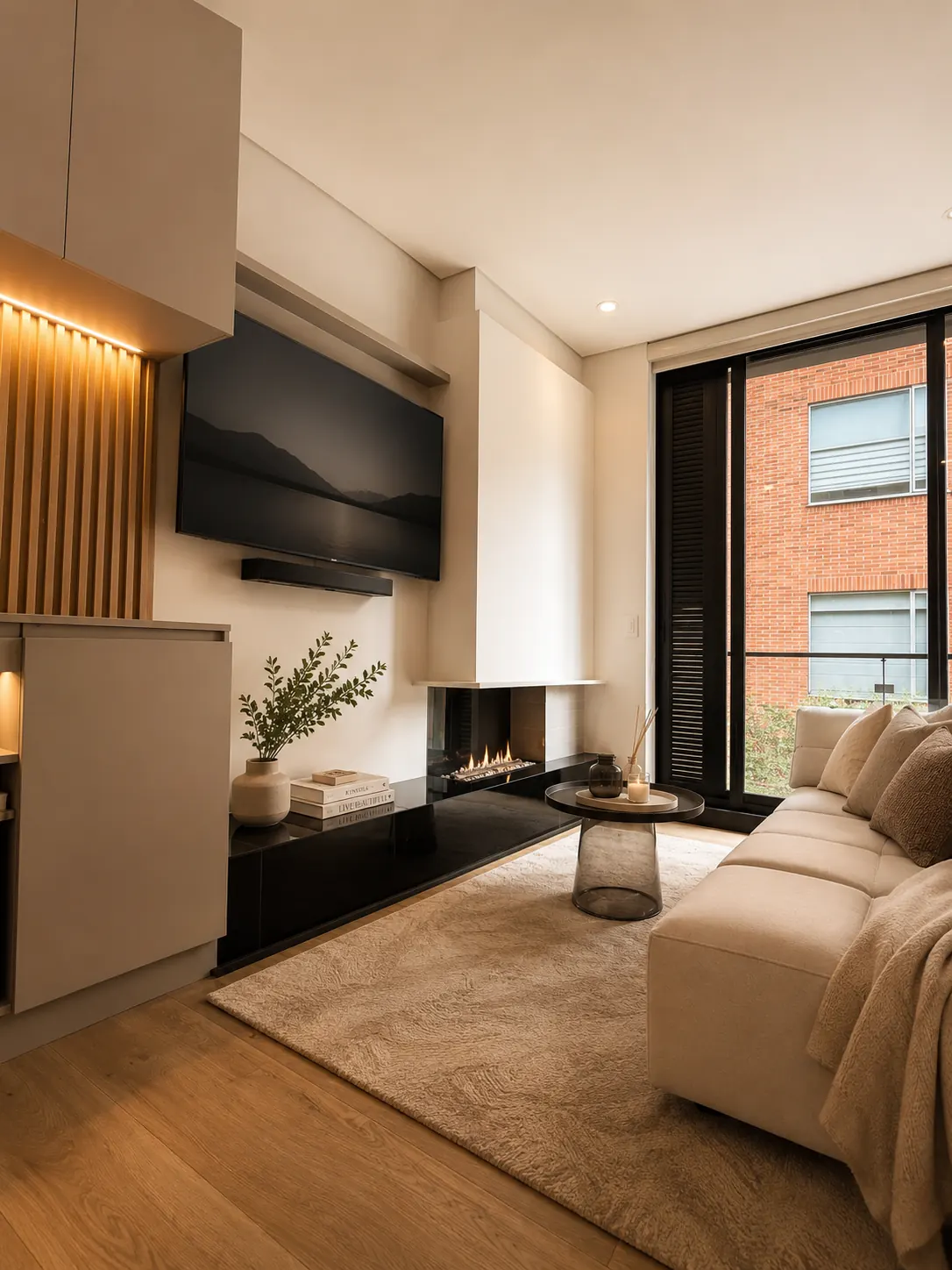 Zona social con TV, chimenea y sofá modular a medida