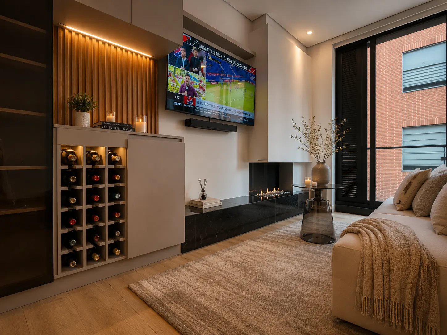 Cava de vinos y mueble de TV en madera