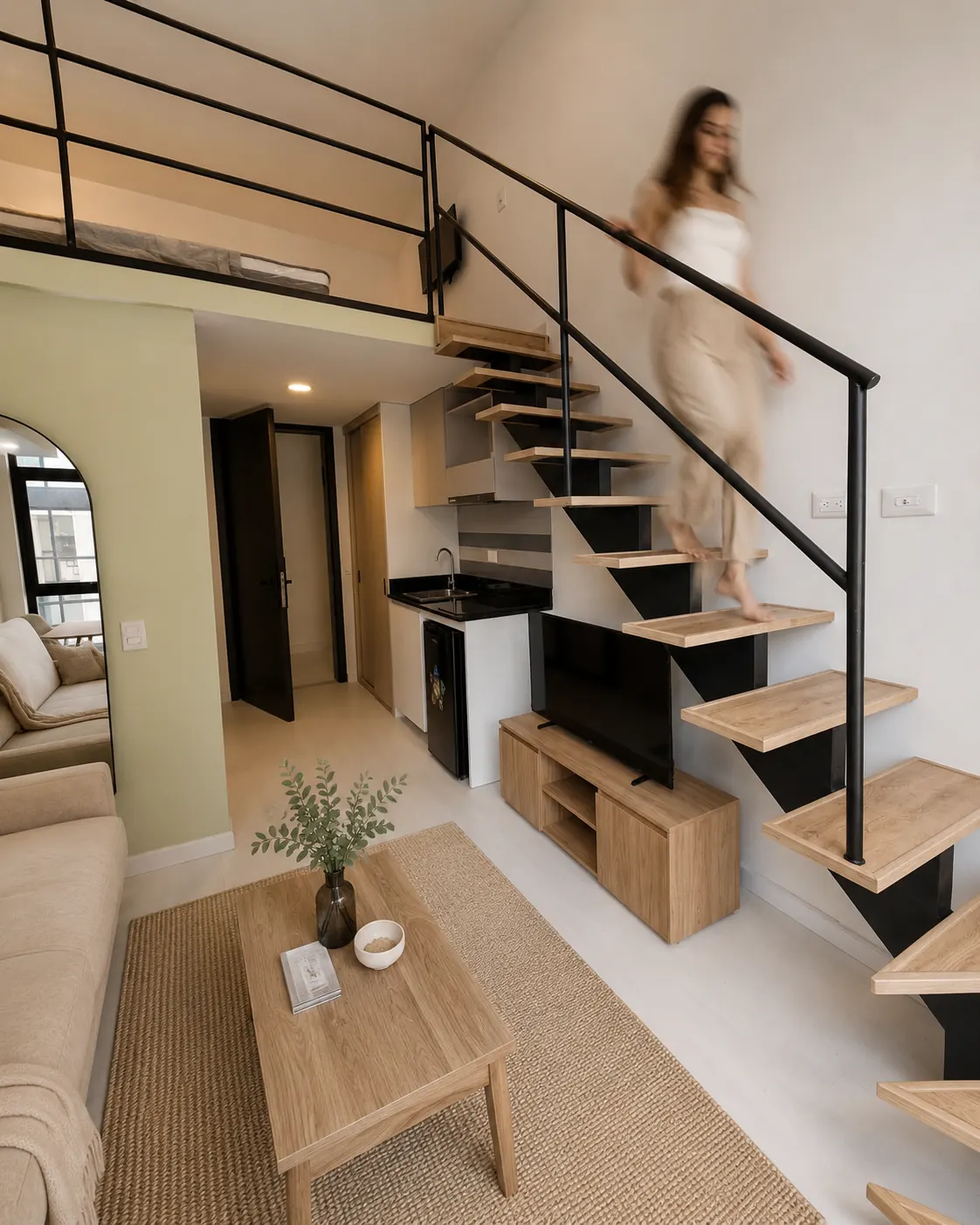 Loft de doble altura con escalera flotante y altillo
