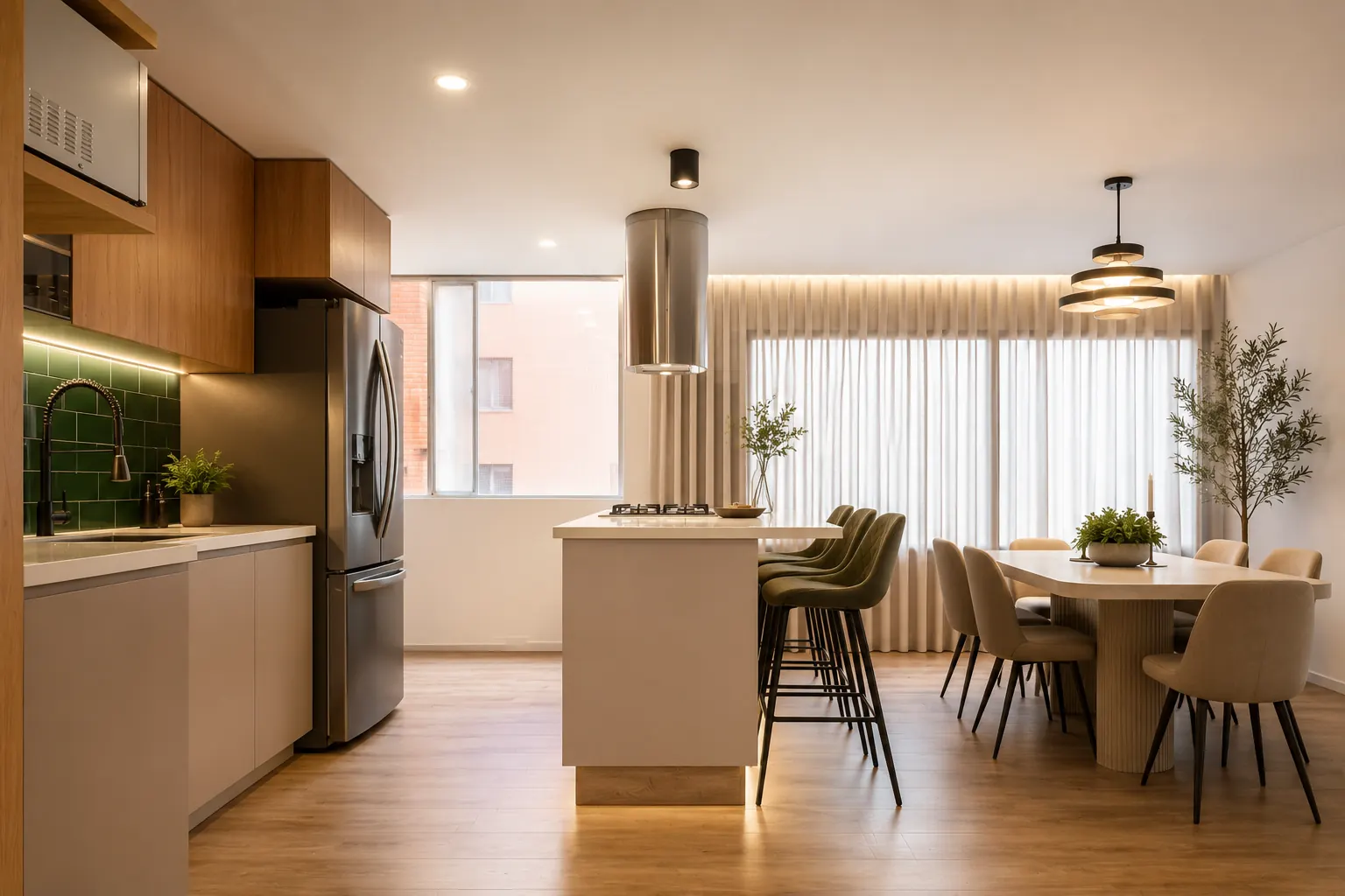 Zona social integrada: cocina, comedor y sala en un solo espacio