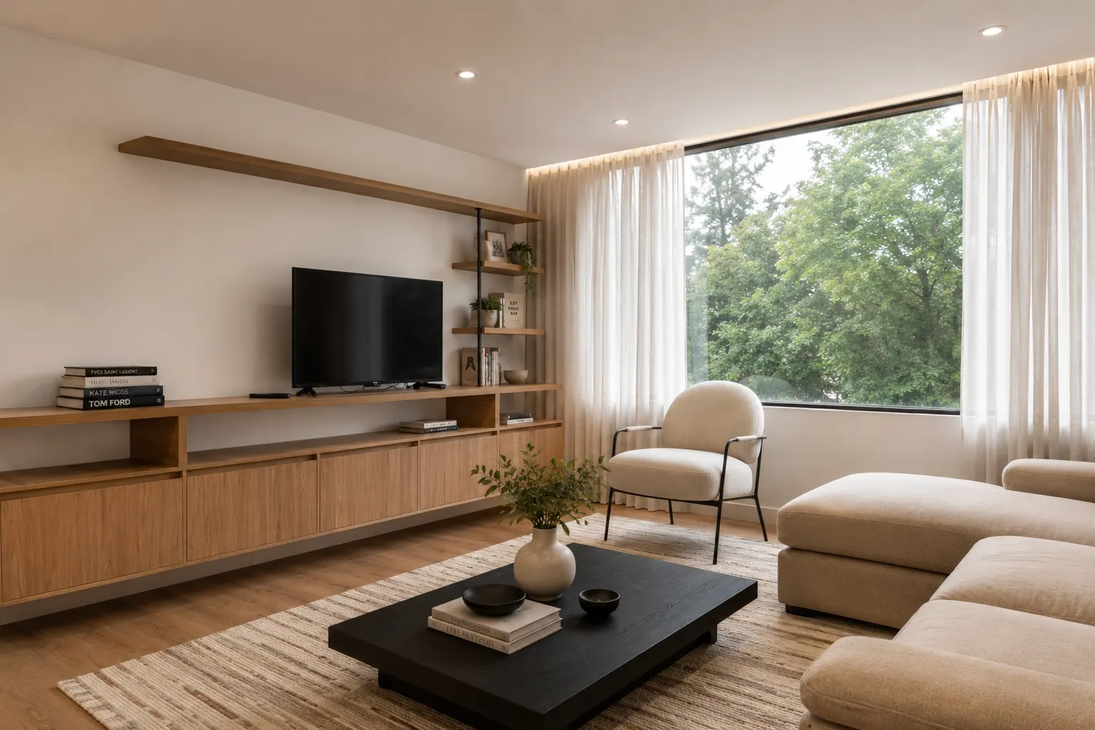 Zona de TV con mueble a medida en madera