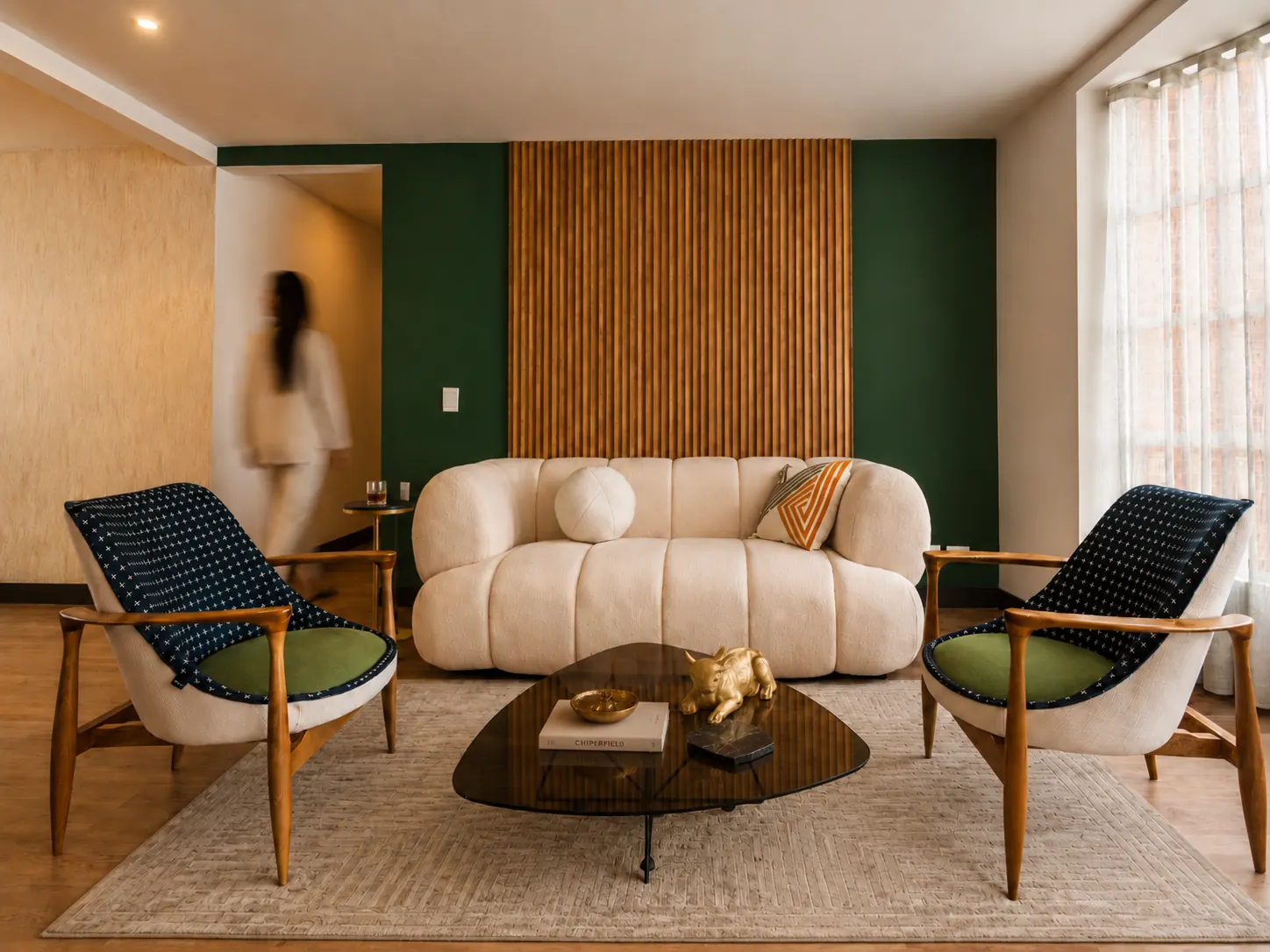 Sala con panel de listones de madera y muro verde entre piezas mid-century