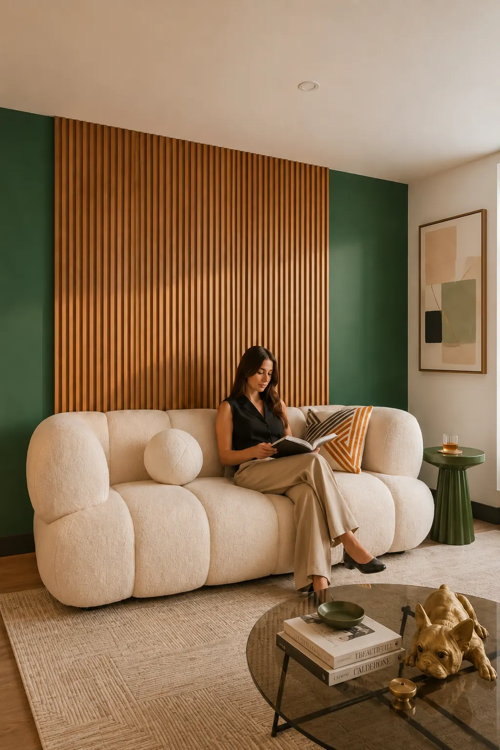 Rincón de lectura junto al panel de madera