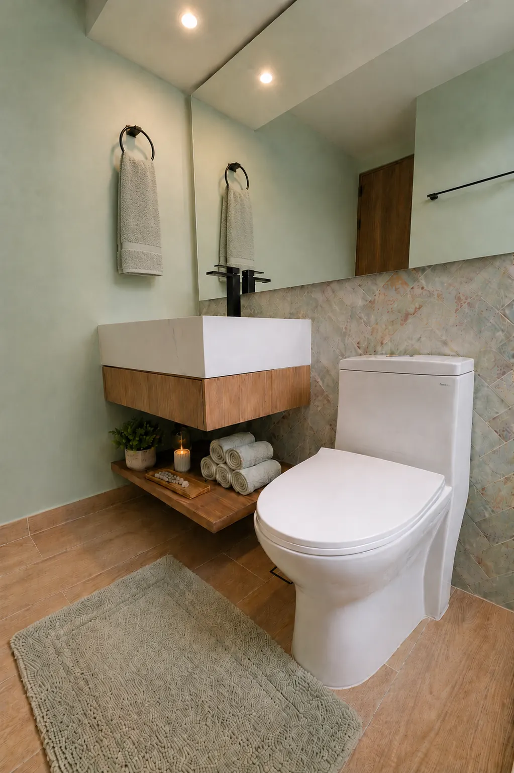 Baño con revestimiento cerámico de Decorcerámica y lavamanos sobre mueble en madera