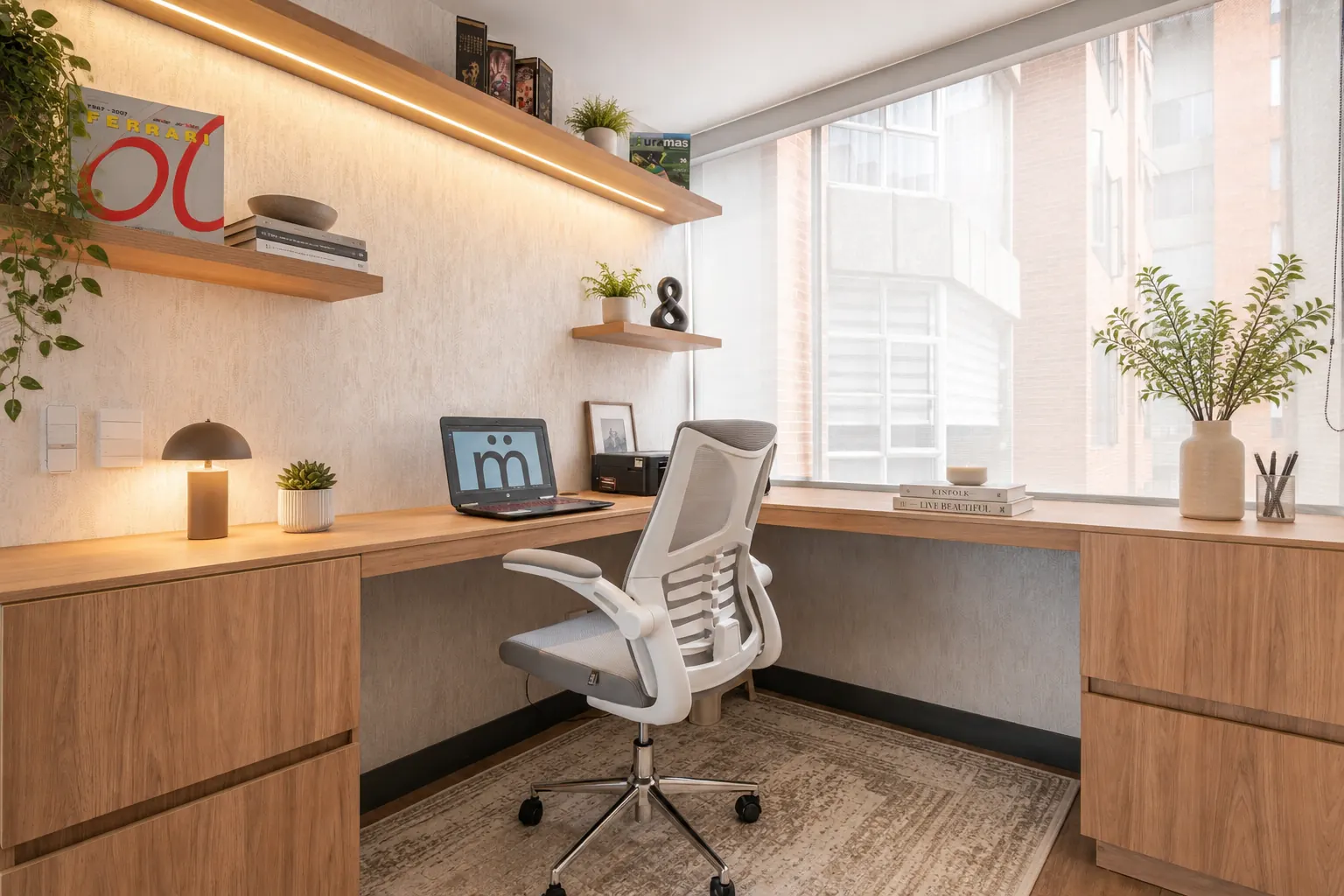Estudio en casa con escritorio en L a medida