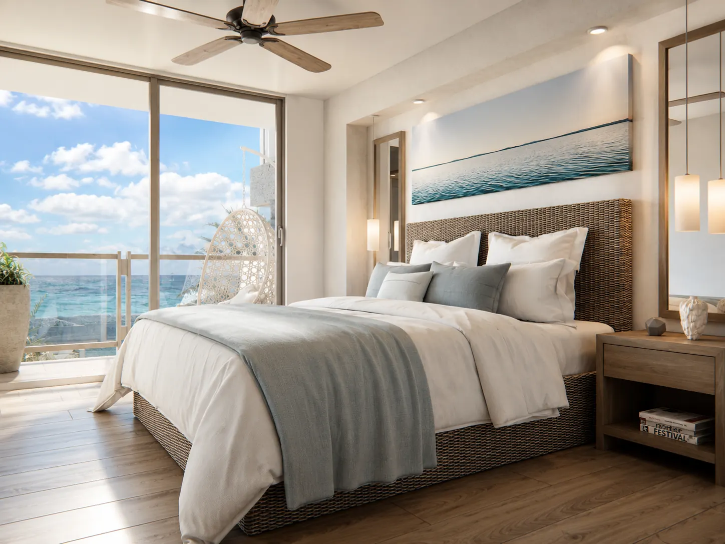 Habitaciones con cabecero en mimbre y vista al mar