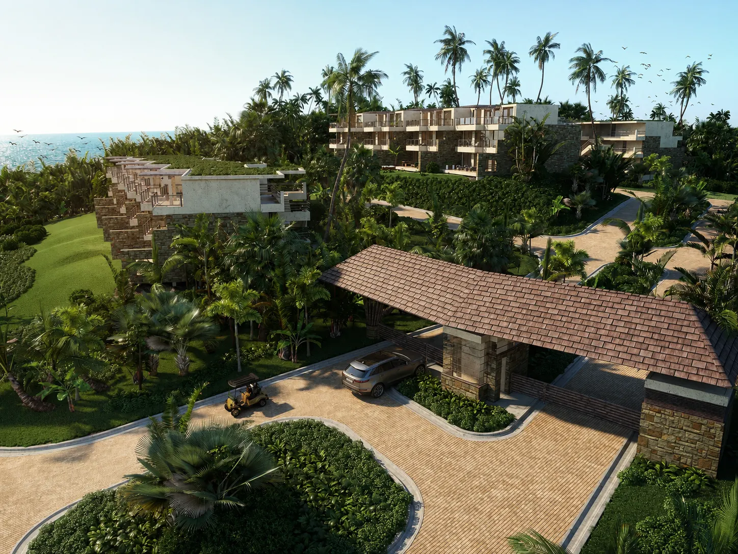 Arquitectura entre palmeras, frente al mar Caribe