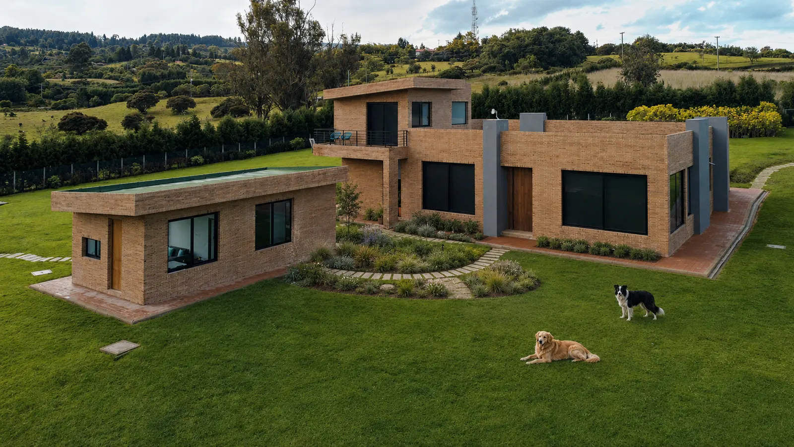 Casa de ladrillo con piscina, integrada al paisaje de Sopó