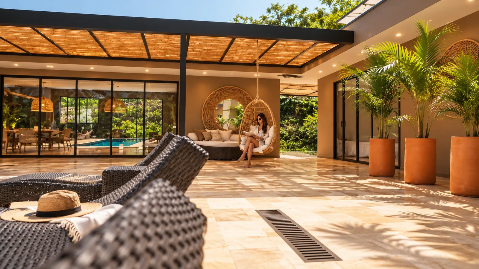 Terraza cubierta en bambú que conecta interior y exterior