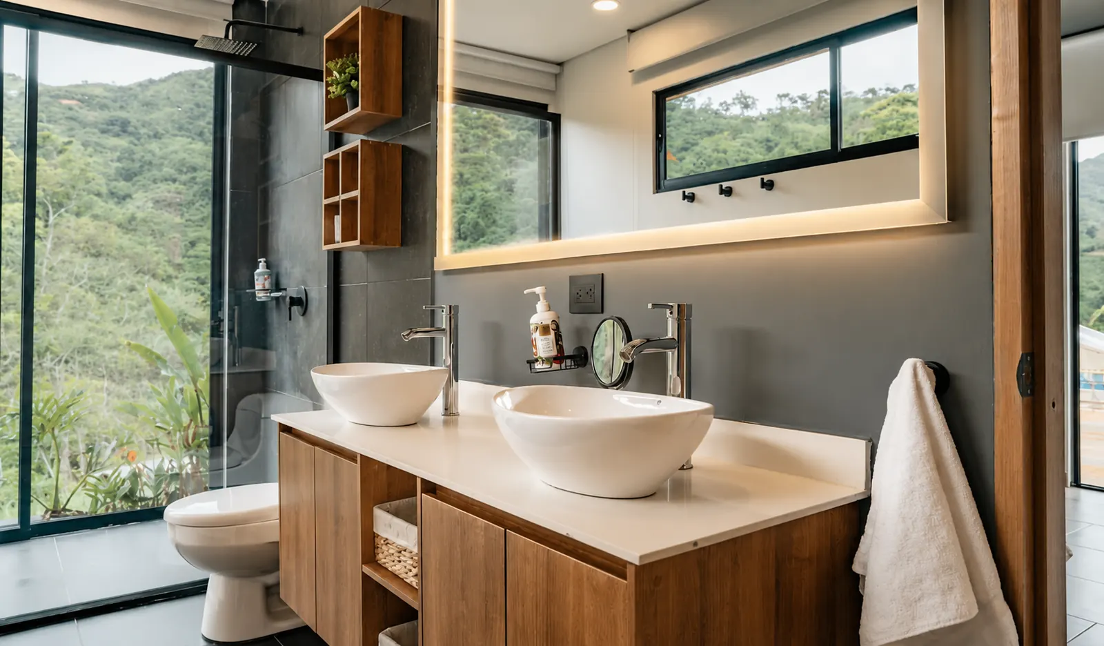 Baño con vista al verde y acabados naturales