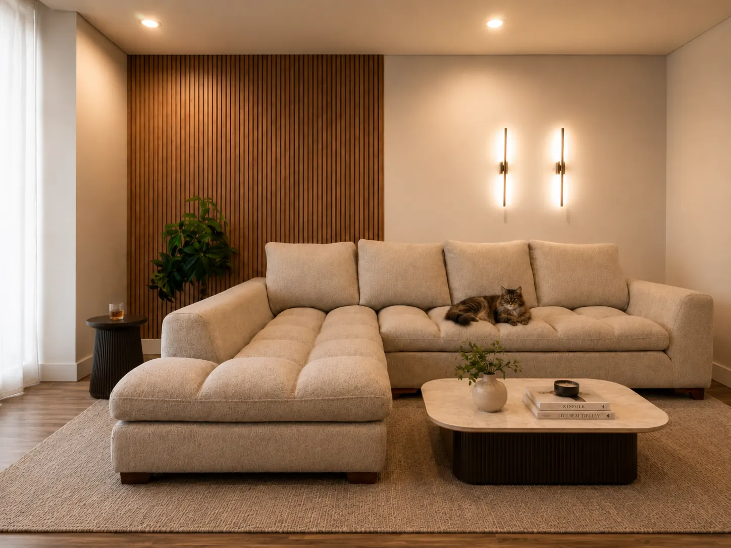 Sala con sofá y muro de listones, iluminación unificada