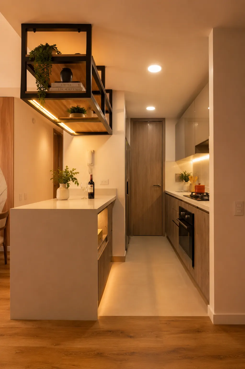 Cocina con isla y estante metálico suspendido