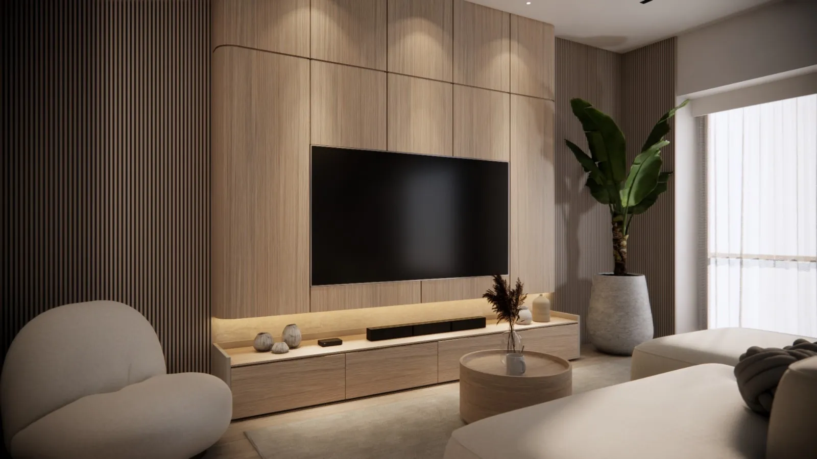 Panel de listones de madera y mueble de TV a medida